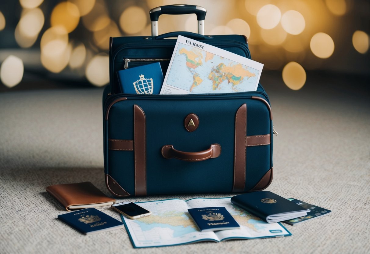 A suitcase packed with travel essentials, surrounded by a map, passport, and money-saving tips