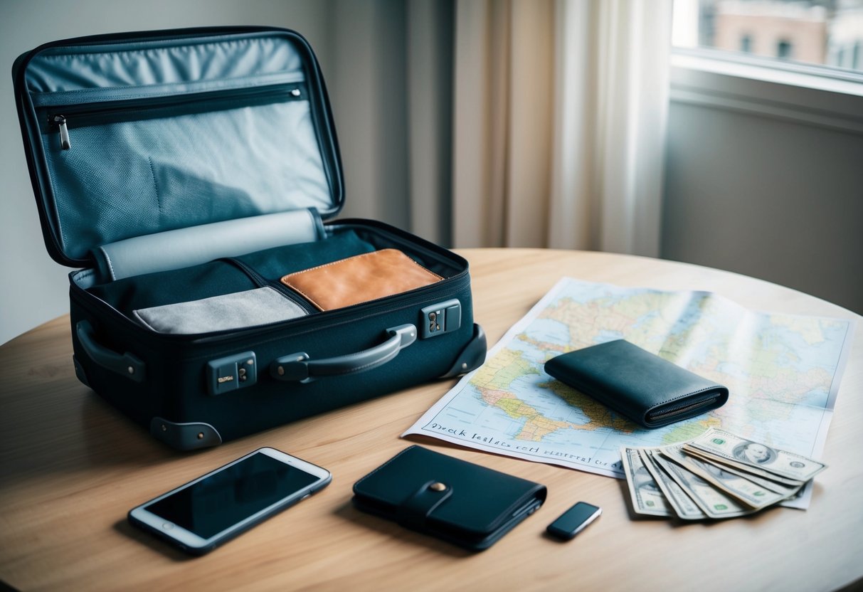 A suitcase packed with travel essentials, a map, and a wallet with various currencies laid out on a table