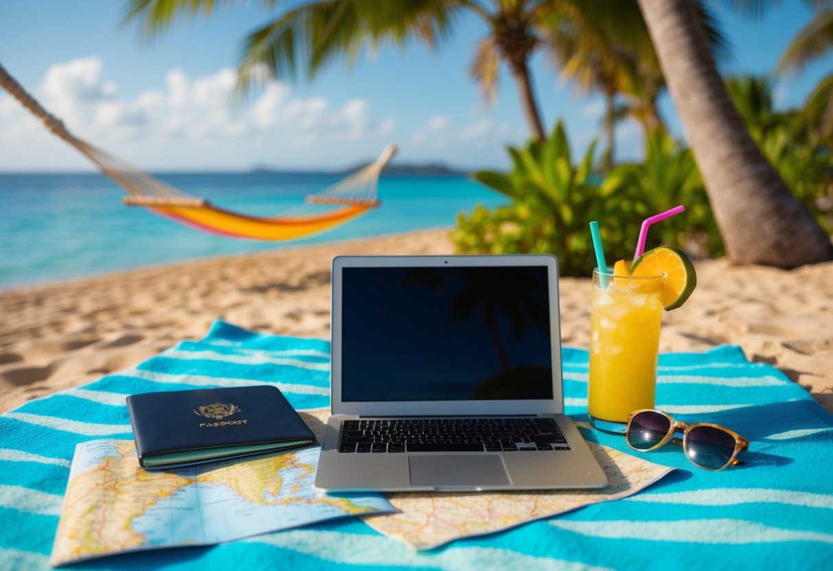 A laptop, passport, and map on a beach towel with sunglasses and a tropical drink nearby. A hammock and palm trees in the background