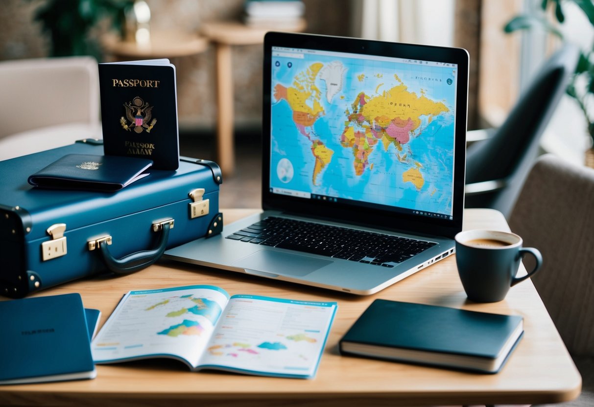 A laptop, passport, suitcase, and map arranged on a table with a travel guide book and a cup of coffee