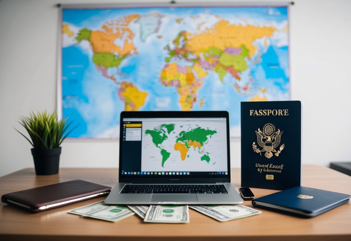 A laptop, passport, and travel essentials arranged on a desk with a world map and currency in the background