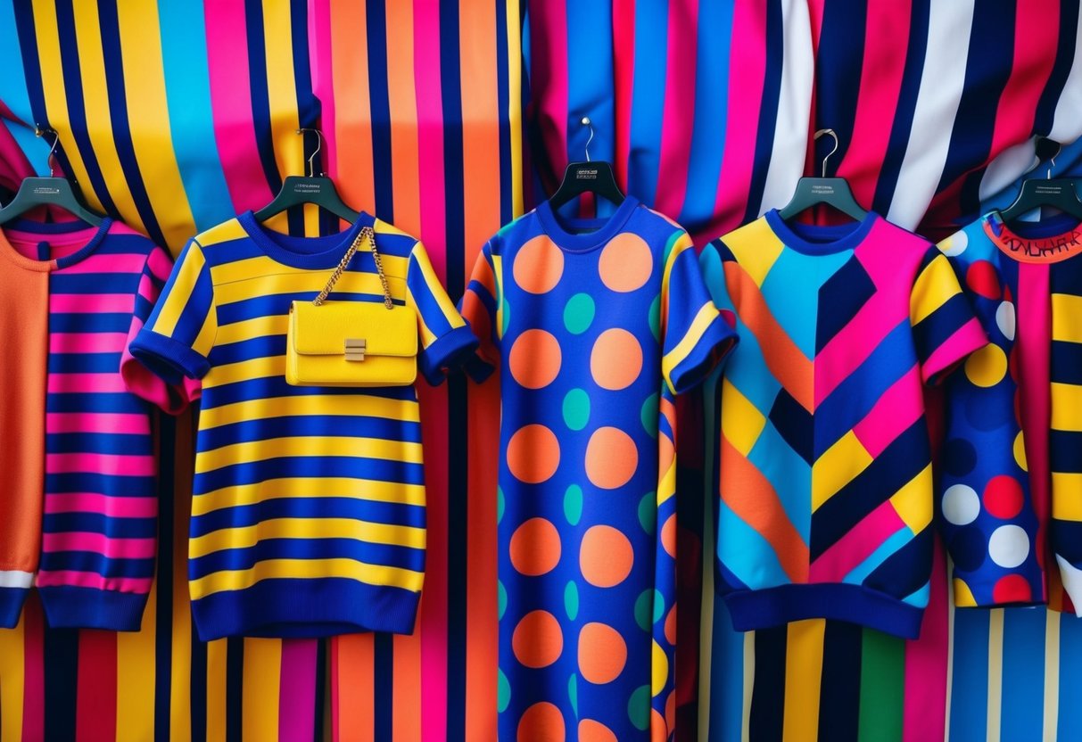 A vibrant display of bold patterns, including stripes, polka dots, and geometric shapes, adorning a variety of fashion items such as clothing, accessories, and shoes