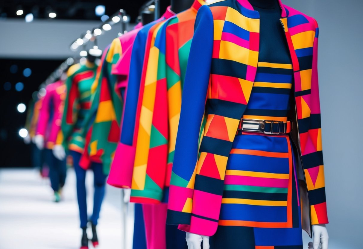 Vibrant geometric patterns on clothing displayed on a sleek, modern runway