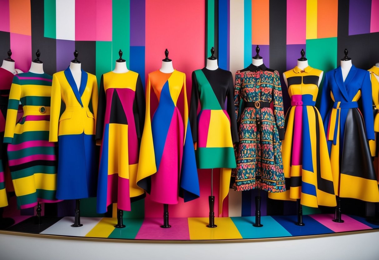 A vibrant array of bold, contrasting patterns and colors arranged in a stylish and eye-catching fashion display